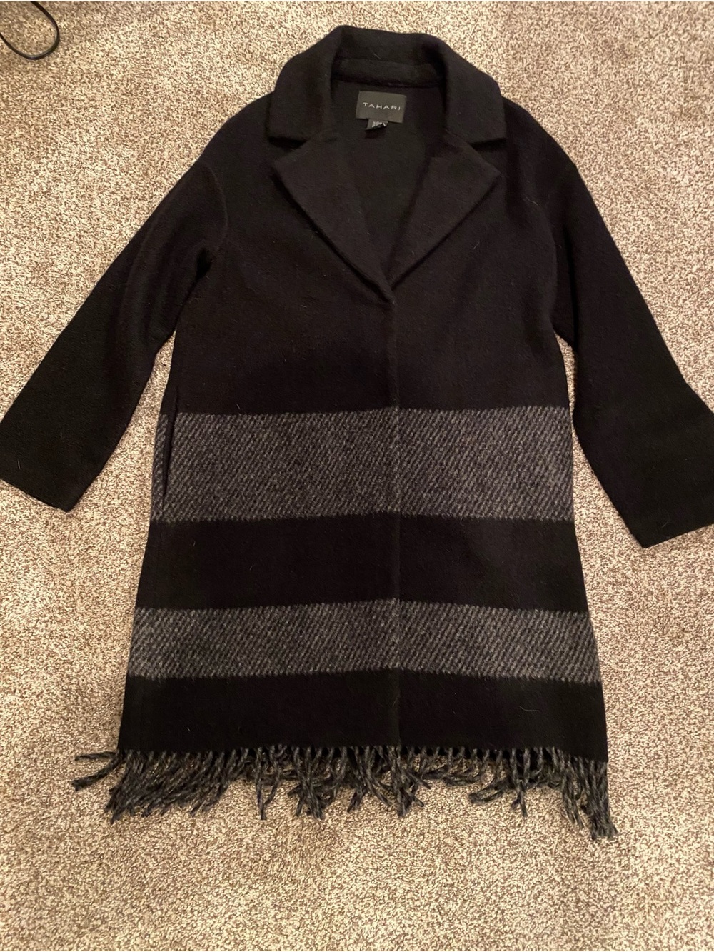 Tahari Black Coat with Gray Striped fringe Hem size xs